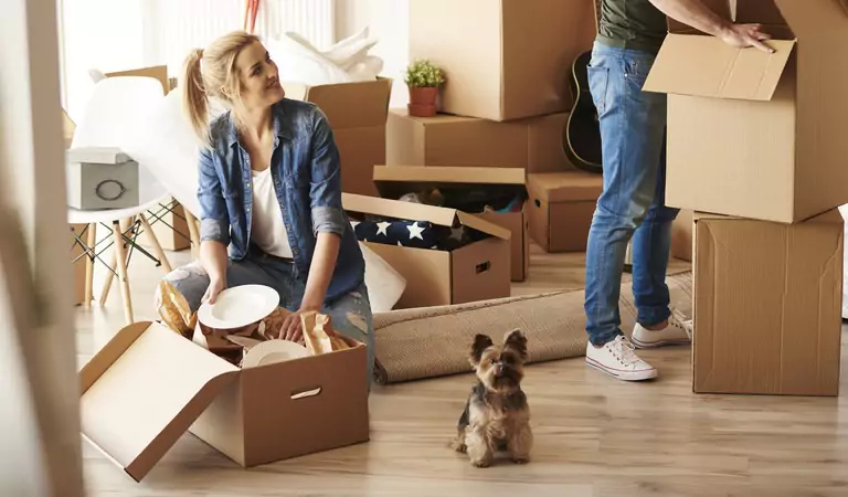 couple packing their household and a dog on the floor