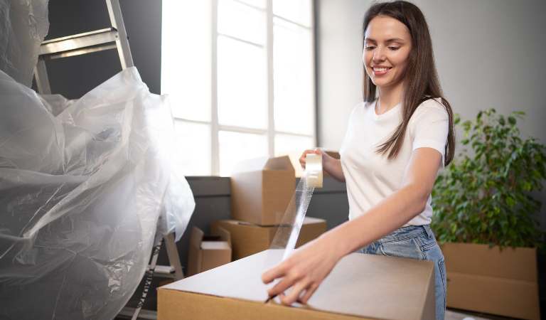 Smiling woman in white top packing a big box with a tape